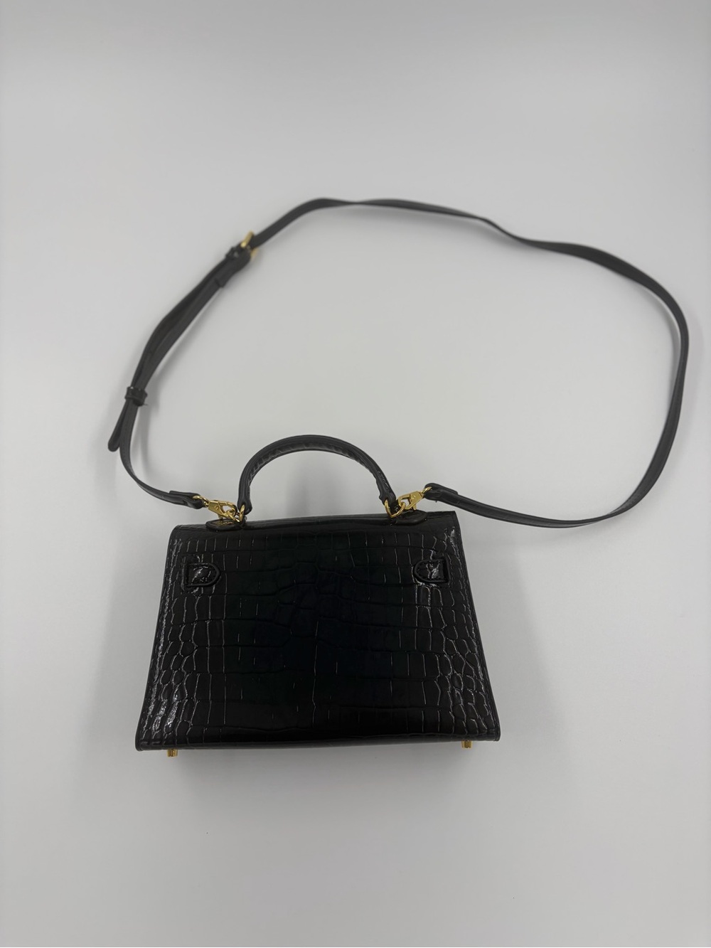 Black Croc Embossed Mini Top Handle Bag - Structured Kelly Style Gold Hardware - Picture 6 of 8